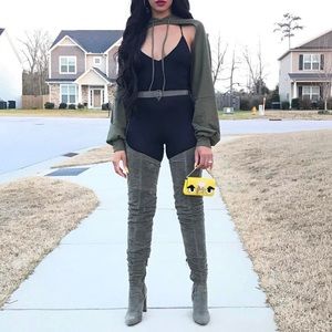 Waist high belt boots in olive suede